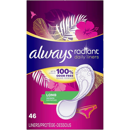 Always Radiant Daily Liners Long 46 count front pack view