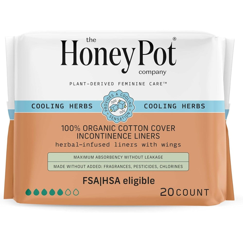 The Honey Pot Company Herbal Panty Liners 20 count front packaging view showing organic cotton label.