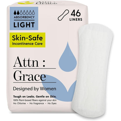 Attn: Grace Panty Liners 46 count pack front view for incontinence protection.