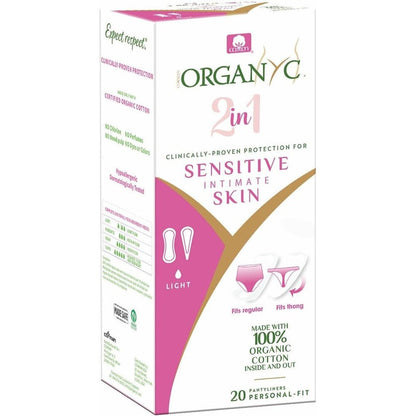 Organyc 100% Certified Organic Cotton 2 in 1 Panty Liners front packaging view for sensitive skin.