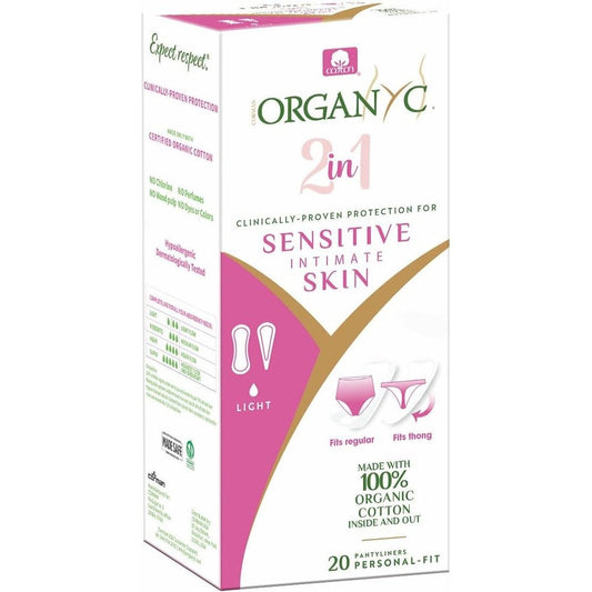 Organyc 100% Certified Organic Cotton 2 in 1 Panty Liners front packaging view for sensitive skin.