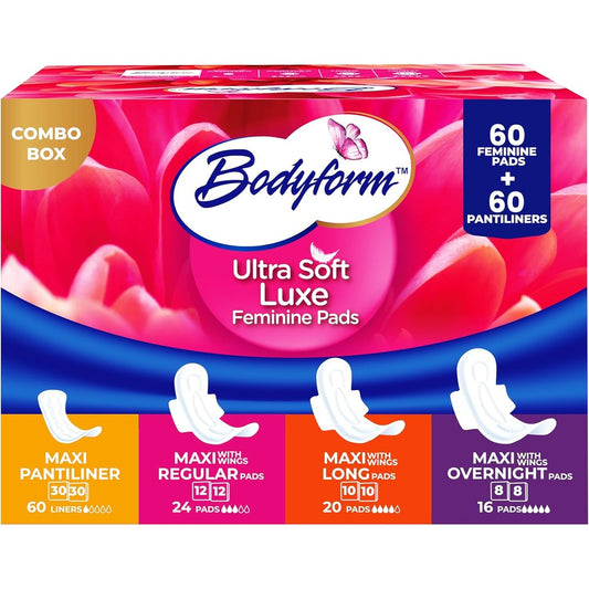Bodyform Luxe Feminine Care Value Combo Pack 120 Count front view ultra-soft pads