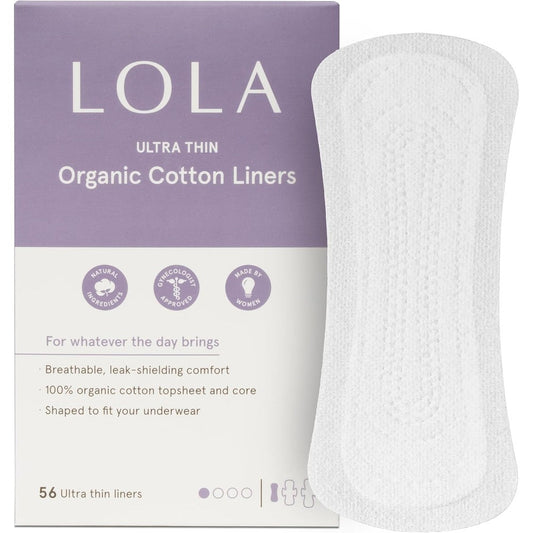 LOLA Ultra-Thin Cotton Panty Liners 56 pack front view for feminine hygiene.