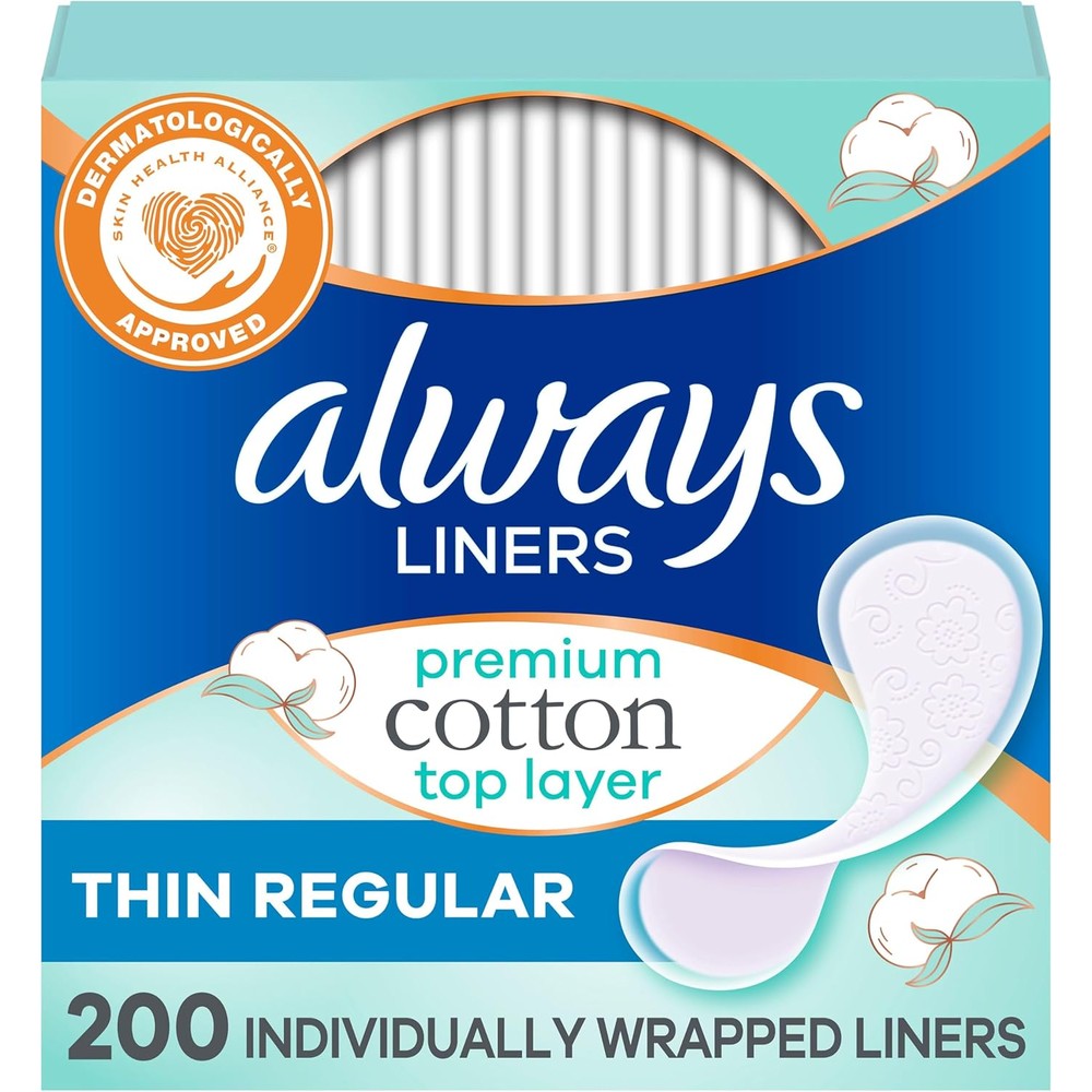 Always Premium Cotton Panty Liners 200 count box front view for daily freshness