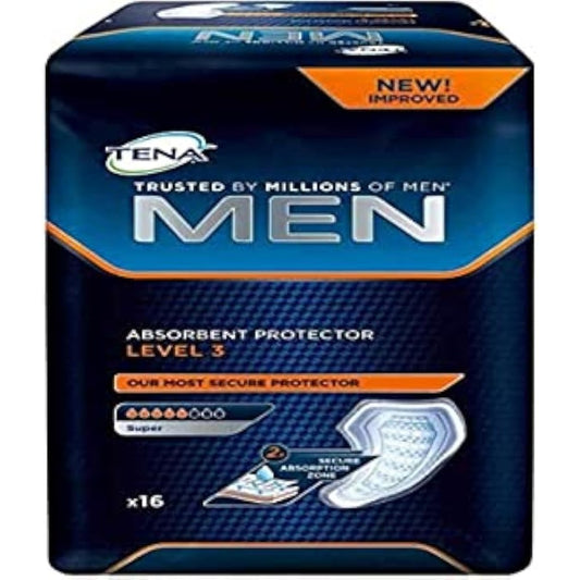 TENA Men Level 3 Absorbent Protectors 16 pack front view for male incontinence protection.