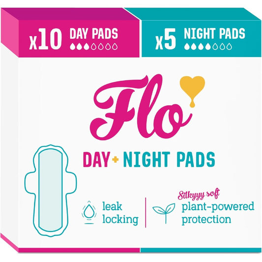 Flo Organic Bamboo Menstrual Pads 15 count combo pack front view