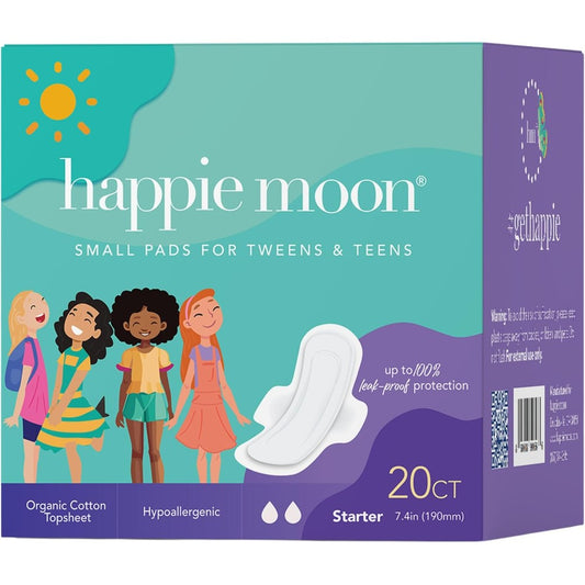 Happie Moon First Period Starter Pads front packaging for tweens and teens.