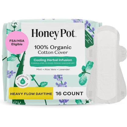 The Honey Pot Company Herbal Sanitary Pads 16 count front packaging for heavy flow