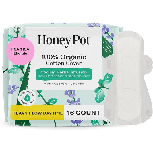 The Honey Pot Company Herbal Sanitary Pads 16 count front packaging for heavy flow