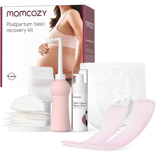 Momcozy Postpartum Recovery Essentials Kit front view showing peri bottle and underwear.