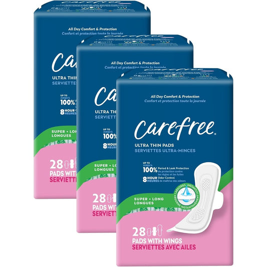 Carefree Ultra Thin Super Long Pads 84 count front view for leak protection.