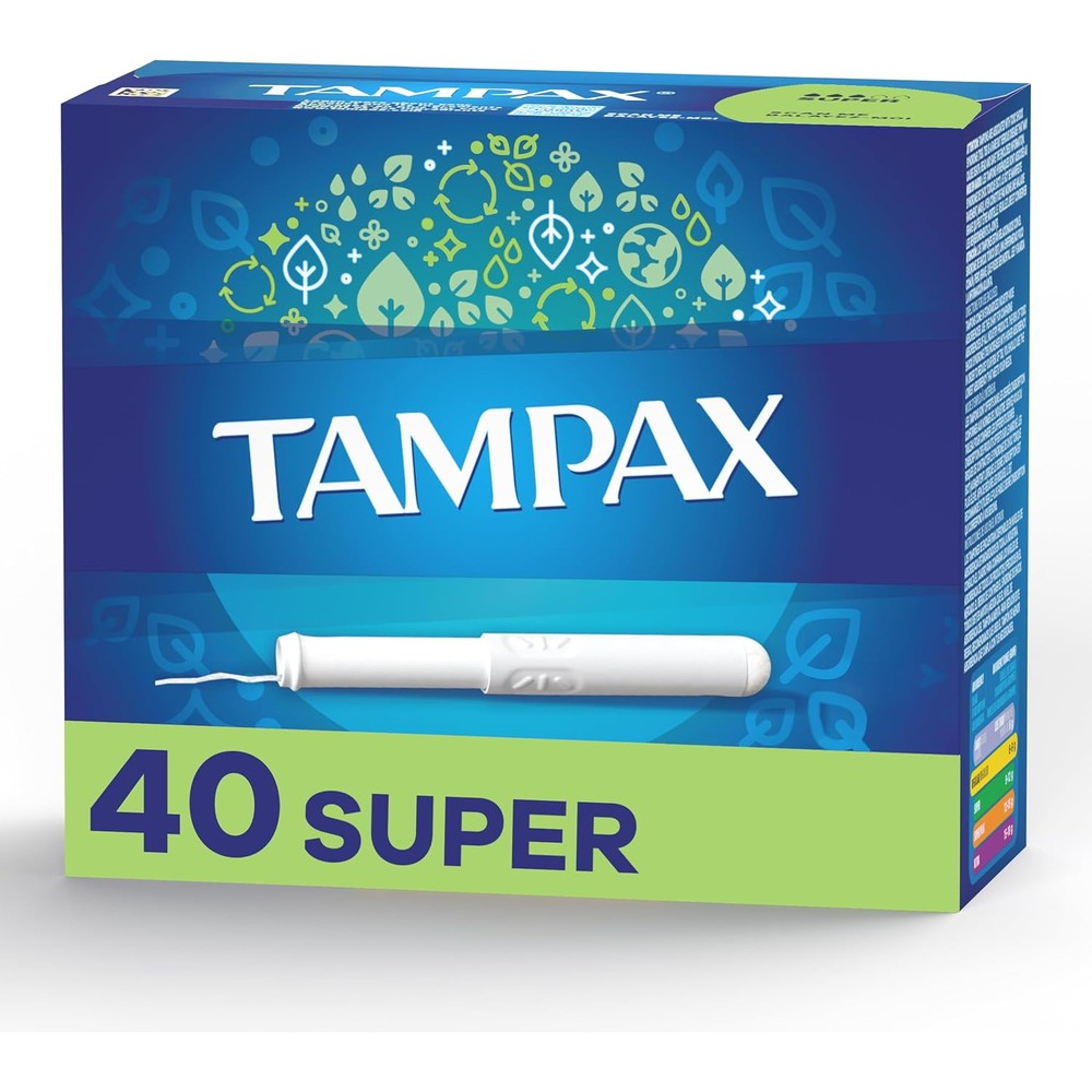 Tampax Cardboard Super Absorbency Tampons front box view.