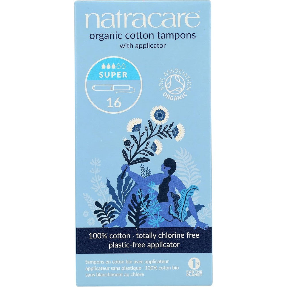 Natracare Organic Cotton Super Tampons front view 16 count box for organic period care.