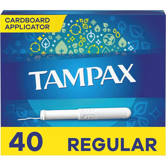 Tampax Regular Absorbency Cardboard Applicator Tampons front box view for period protection.