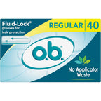 o.b. Regular Applicator-Free Tampons 40 count front box view for period protection