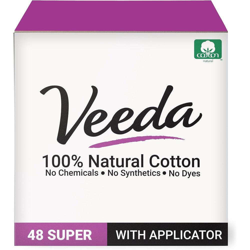 Veeda 100% Natural Cotton Super Tampons front view 48 count pack.