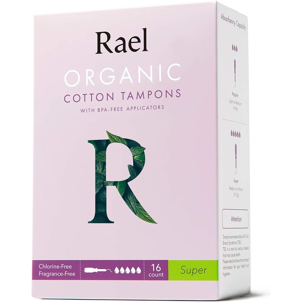 MYBOXSHOP Rael Organic Cotton Tampons 16 count front view for heavy flow.