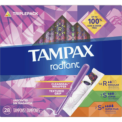 Tampax Radiant Tampons Trio Pack front view featuring 28  multipack.