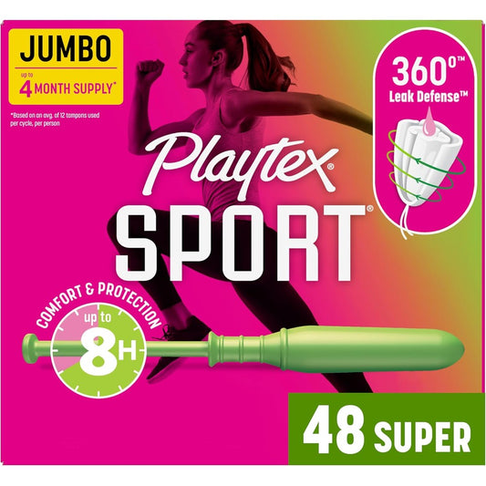 Playtex Sport Tampons Super Absorbency 48 count front view for feminine care.