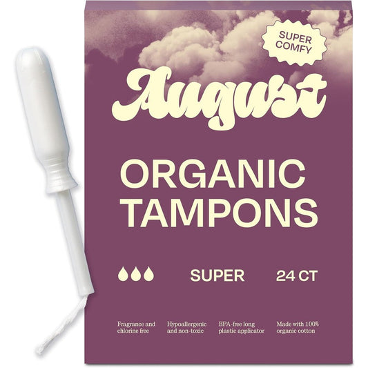 August Super Tampons 24 pack box front view organic cotton period care