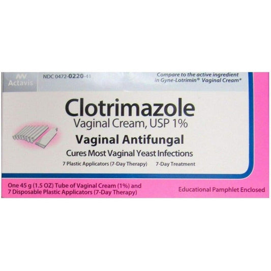 Clotrimazole Vaginal USP 1 Percent Cream front packaging for yeast infection relief.
