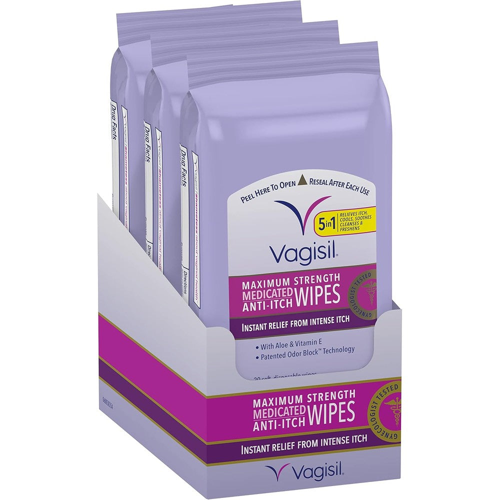 Vagisil Anti-Itch Medicated Feminine Wipes pack of 3 front view for instant relief