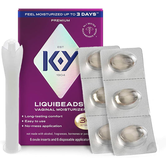 K-Y Liquibeads Vaginal Moisturizer 6 count box front view for dryness relief.