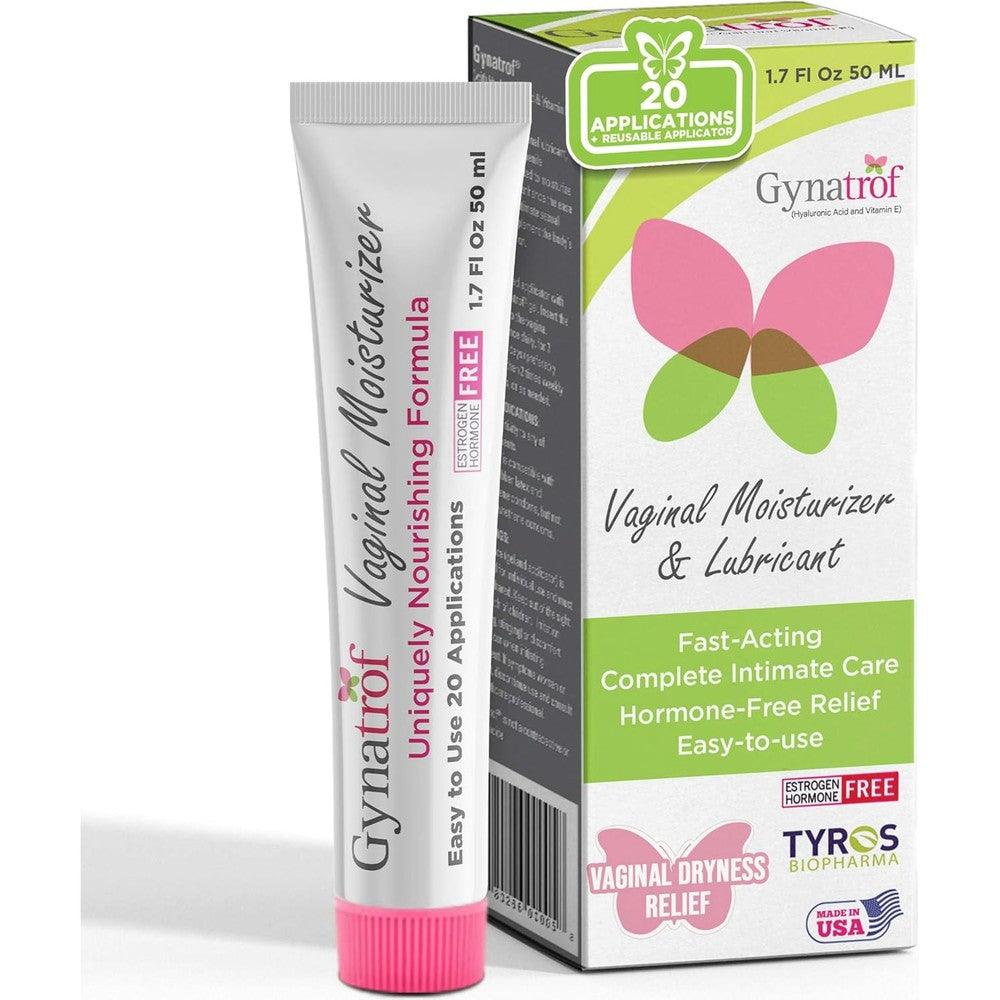Gynatrof Vaginal Moisturizer front packaging with 50ml tube and applicator.