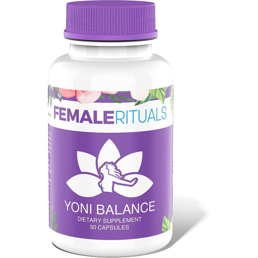 Female Rituals Yoni Balance 30 count bottle front view showing vaginal rejuvenation benefits.