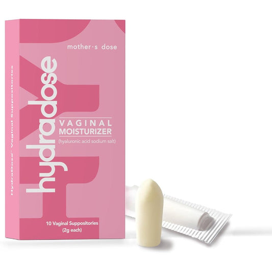 Mother's Dose Hyaluronic Acid Suppository HydraDose front packaging for vaginal dryness relief
