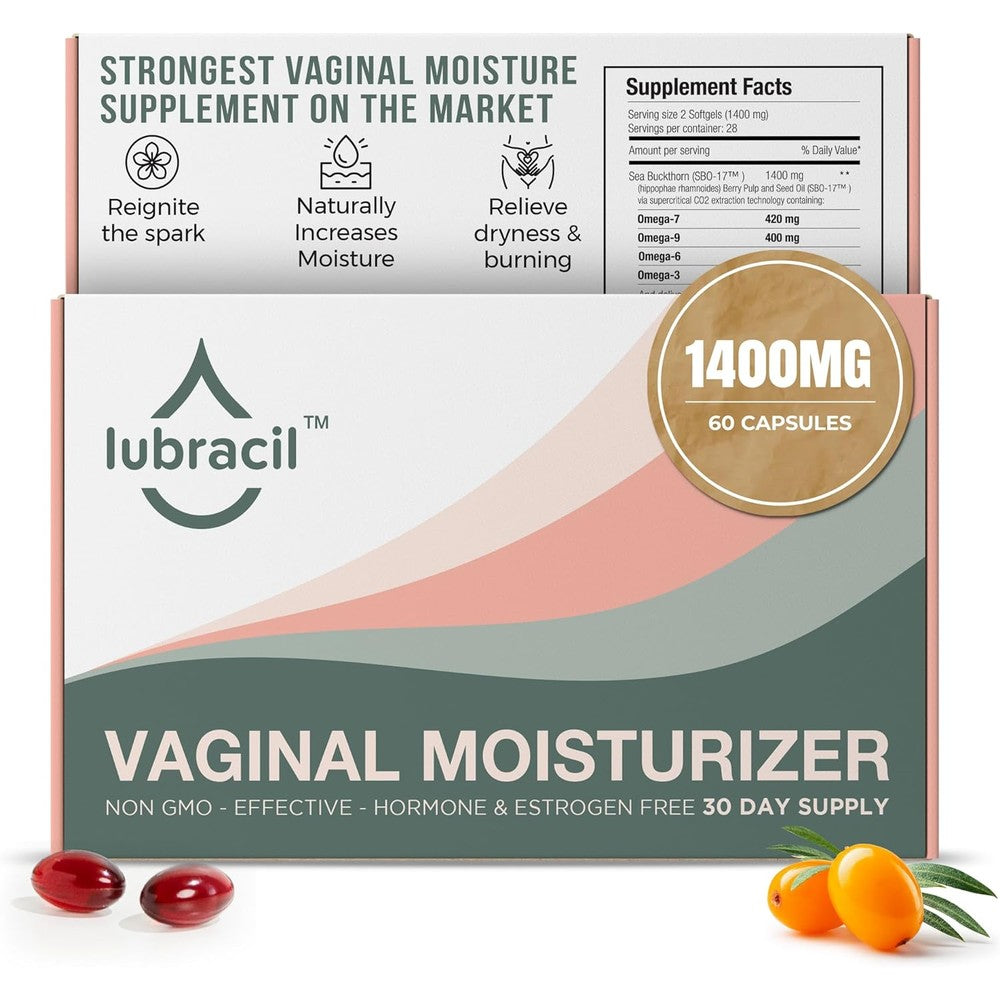 Lubracil Vaginal Moisturizer 60 softgels bottle front view for feminine dryness relief.