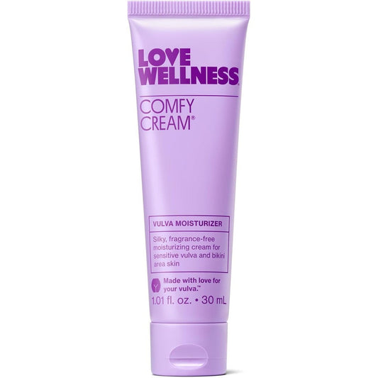Love Wellness Comfy Cream front view tube for intimate moisturizing.