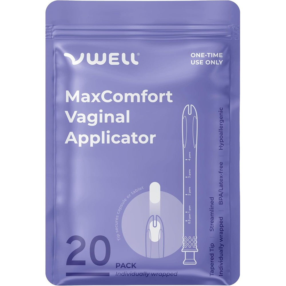 VWELL MaxComfort Universal Suppository Applicator front view with 20 count packaging