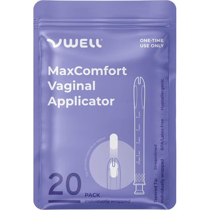 VWELL MaxComfort Universal Suppository Applicator front view with 20 count packaging