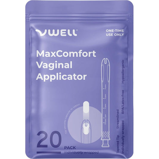 VWELL MaxComfort Universal Suppository Applicator front view with 20 count packaging