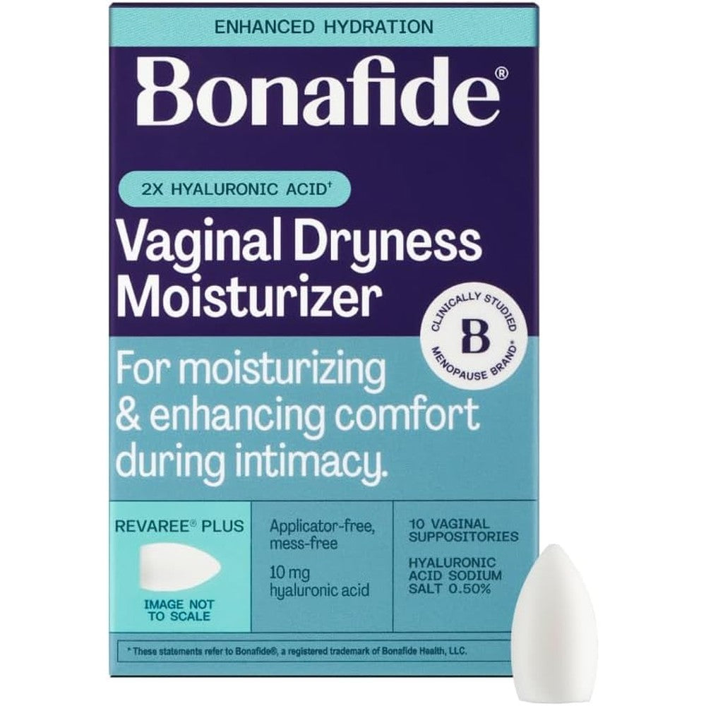 Bonafide Revaree Plus front packaging showing 10 vaginal inserts for dryness relief.