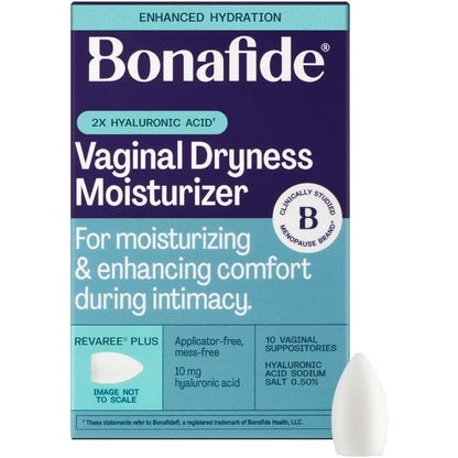 Bonafide Revaree Plus front packaging showing 10 vaginal inserts for dryness relief.