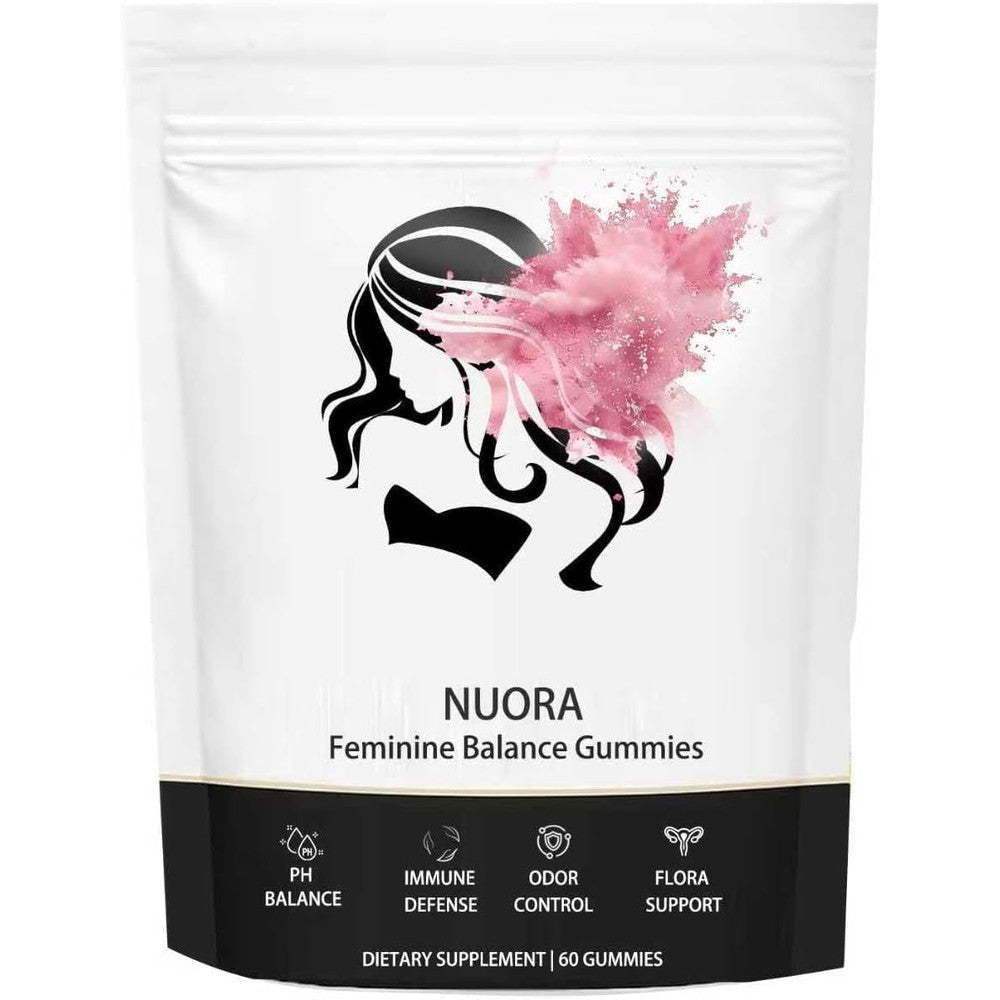 Nuora Feminine Balance Gummies front packaging showing Hawaiian Pineapple flavor.