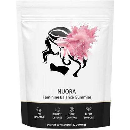 Nuora Feminine Balance Gummies front packaging showing Hawaiian Pineapple flavor.