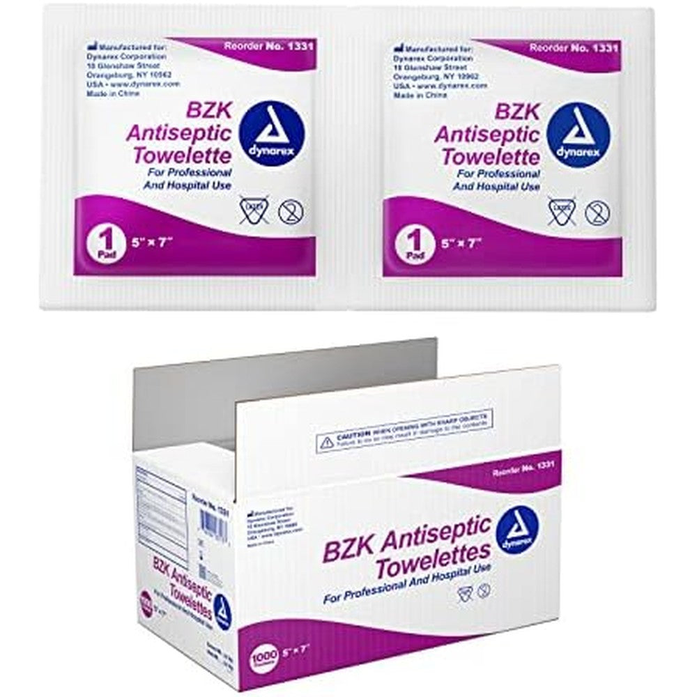 Dynarex BZK Antiseptic Towelettes 1000 count bulk case front view