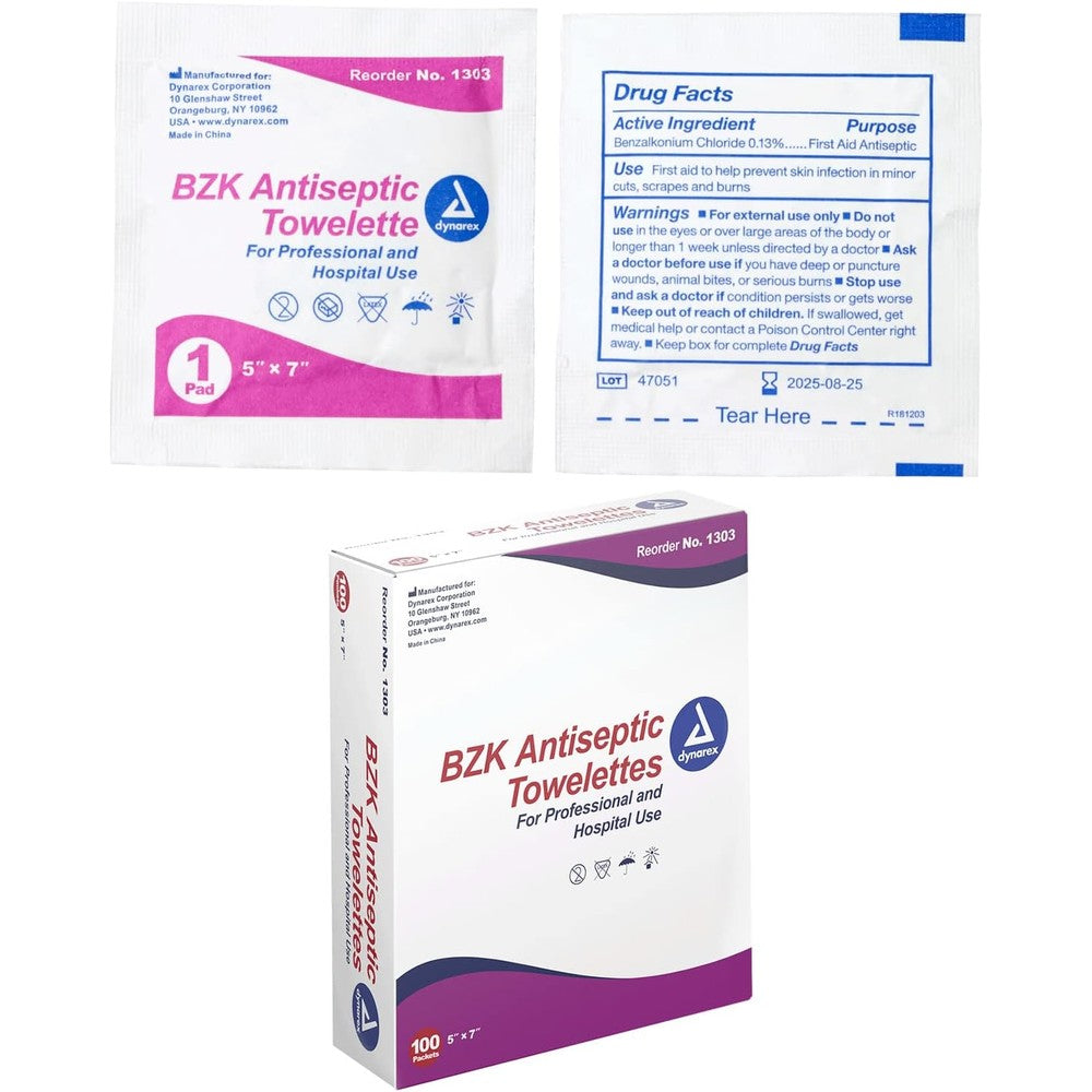 Dynarex BZK Antiseptic Towelettes 100 count box front view for first aid kits.
