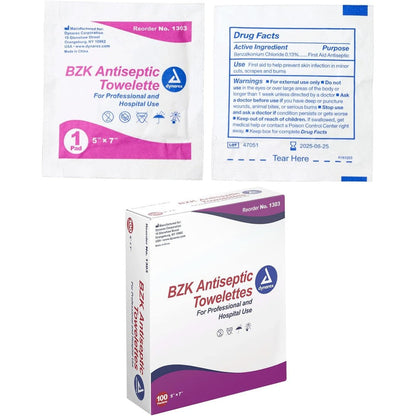 Dynarex BZK Antiseptic Towelettes 100 count box front view for first aid kits.