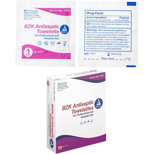 Dynarex BZK Antiseptic Towelettes 100 count box front view for first aid kits.