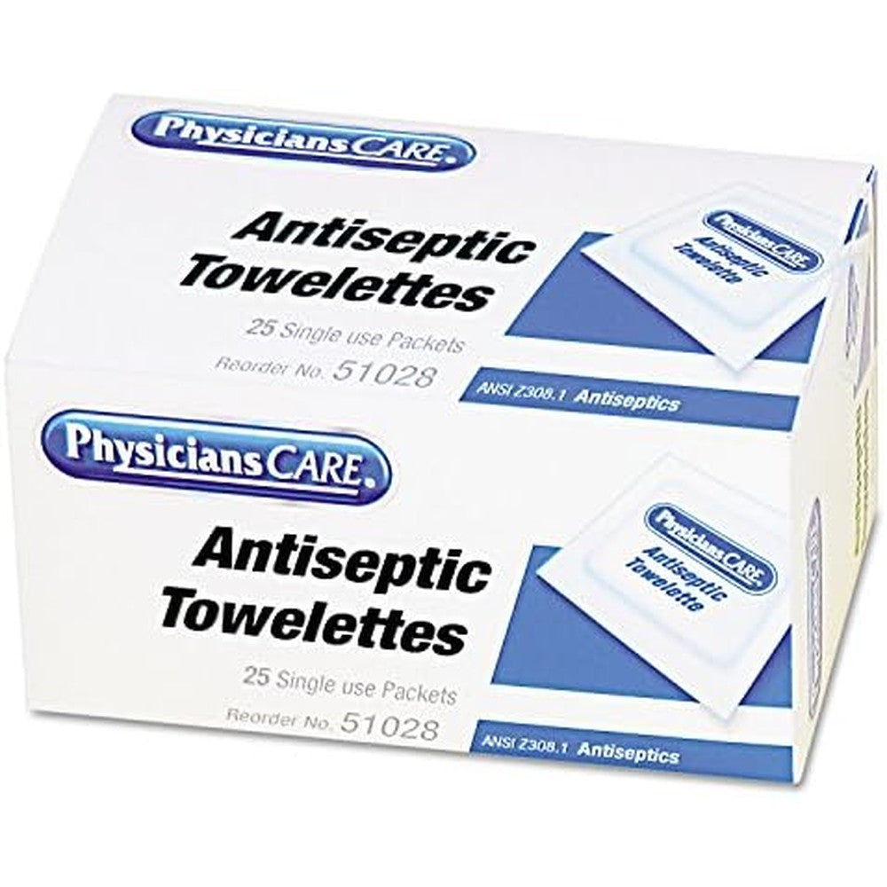 PhysiciansCare First Aid Antiseptic Towelettes box of twenty five front view