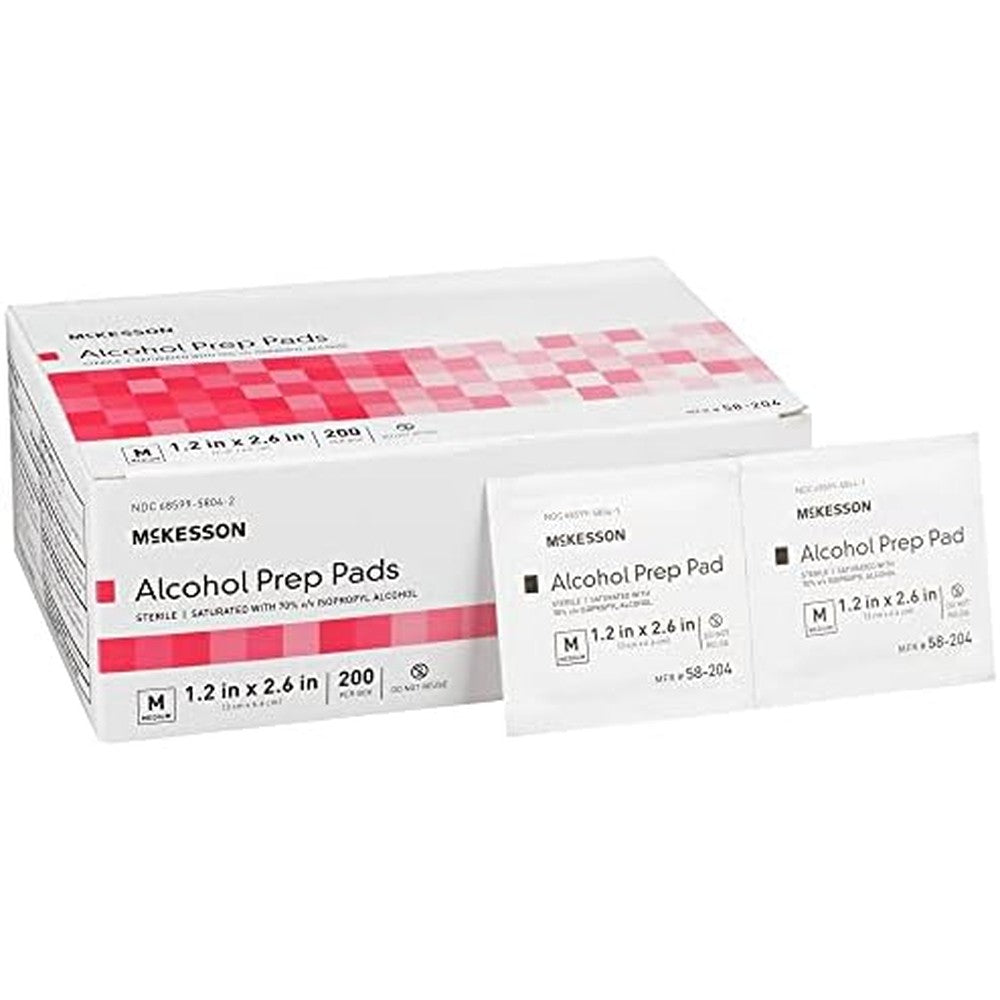 McKesson Alcohol Prep Pads 200 count box front view for medical skin cleansing.