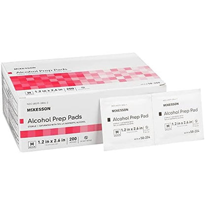 McKesson Alcohol Prep Pads 200 count box front view for medical skin cleansing.