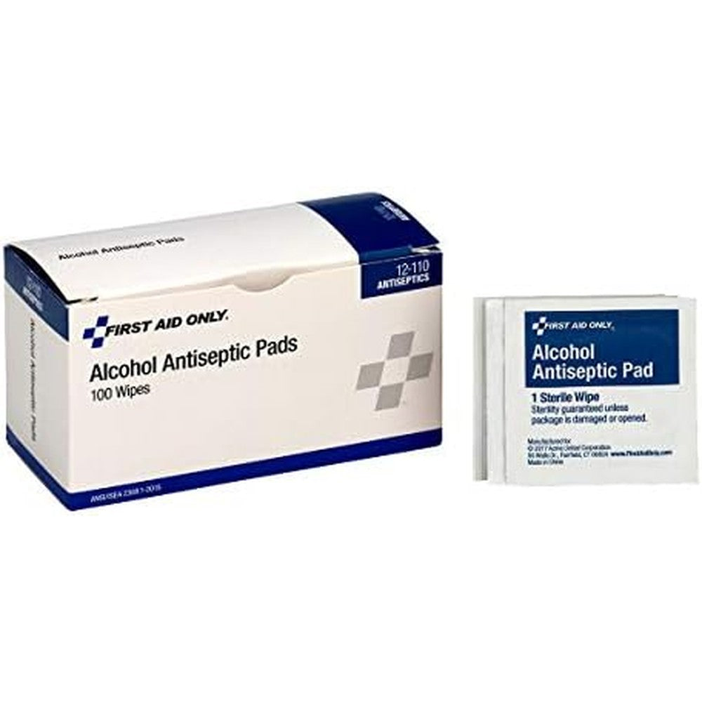 First Aid Only 12-110 alcohol wipes box front view antiseptic pads