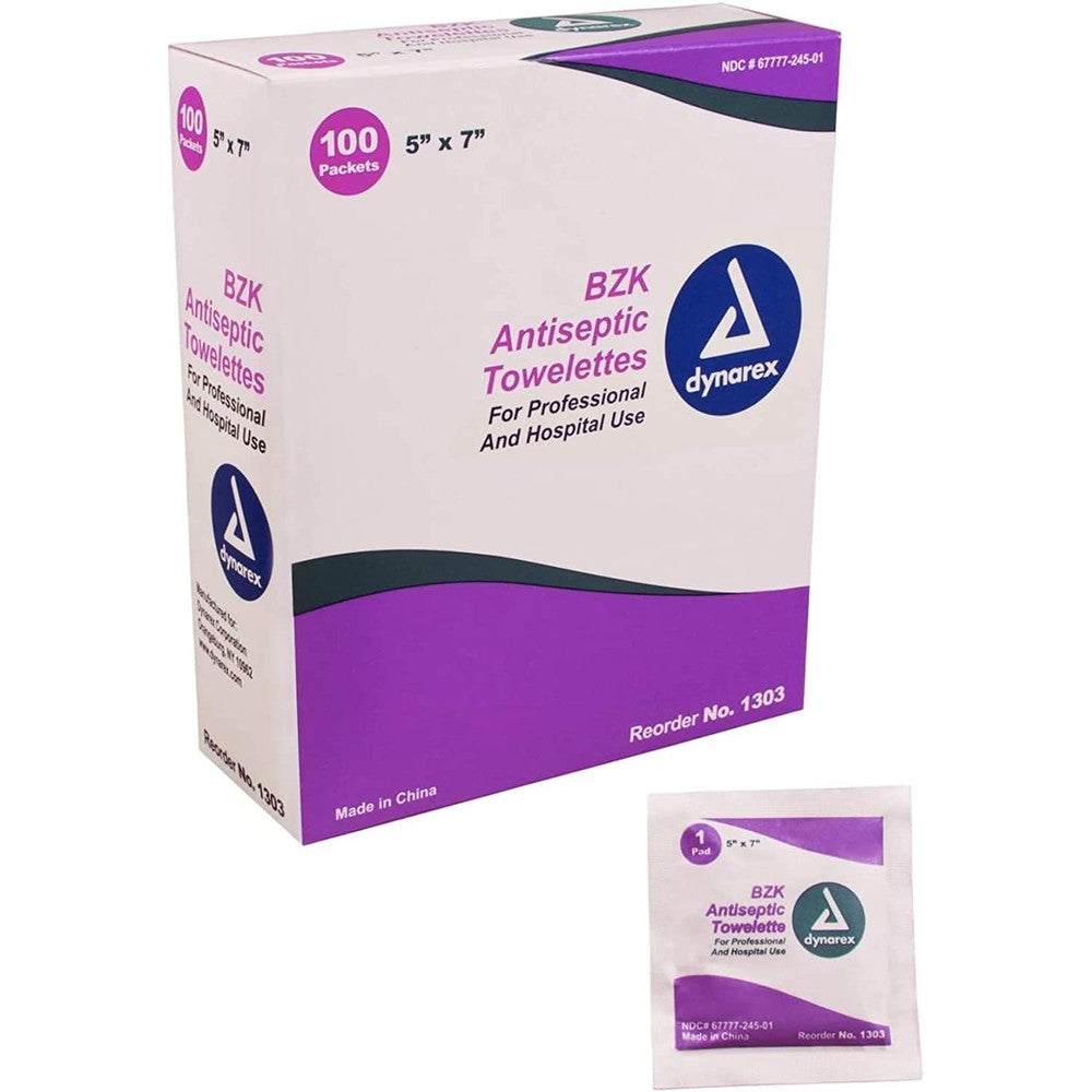 Dynarex BZK Antiseptic Towelettes box showing 100 count for wound care.