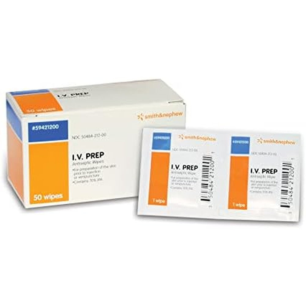 Smith & Nephew I.V. PREP Antiseptic Wipes box of 50 sterile medical prep pads.