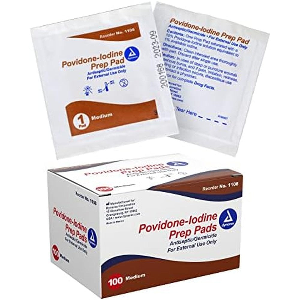 Dynarex Povidone Iodine Prep Pads box front view medical antiseptic wipes